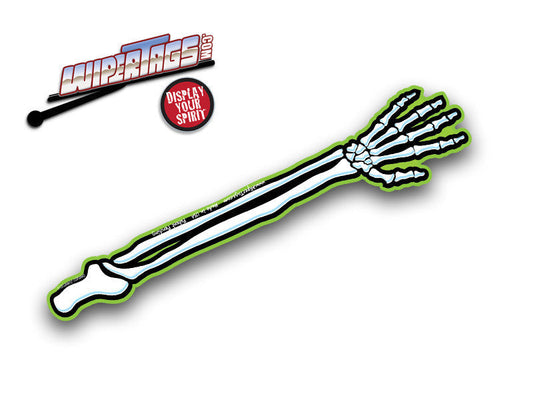 Skeleton Arm Wave Reflective WiperTag attached to vehicle rear wiper, product photo 2 of 2