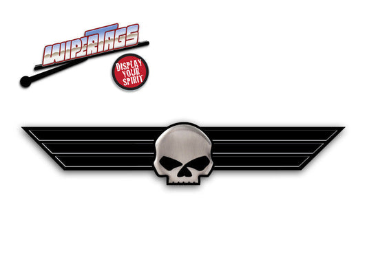 Skull Wings WiperTag attached to vehicle rear wiper, product photo 2 of 3