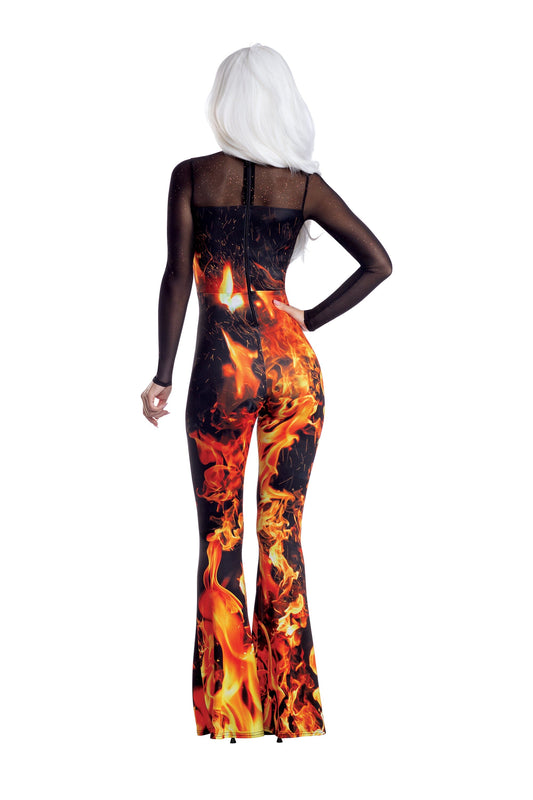 Dreamgirl Flame Jumpsuit with Mesh Neckline Women’s Costume – Fiery Halloween Outfit