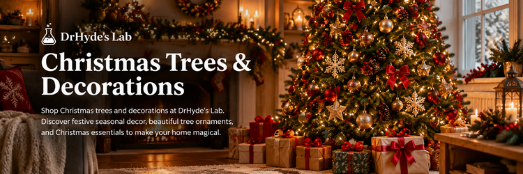 DrHyde’s Lab Christmas trees and decorations banner featuring a festive Christmas tree, ornaments, lights, and holiday gifts.