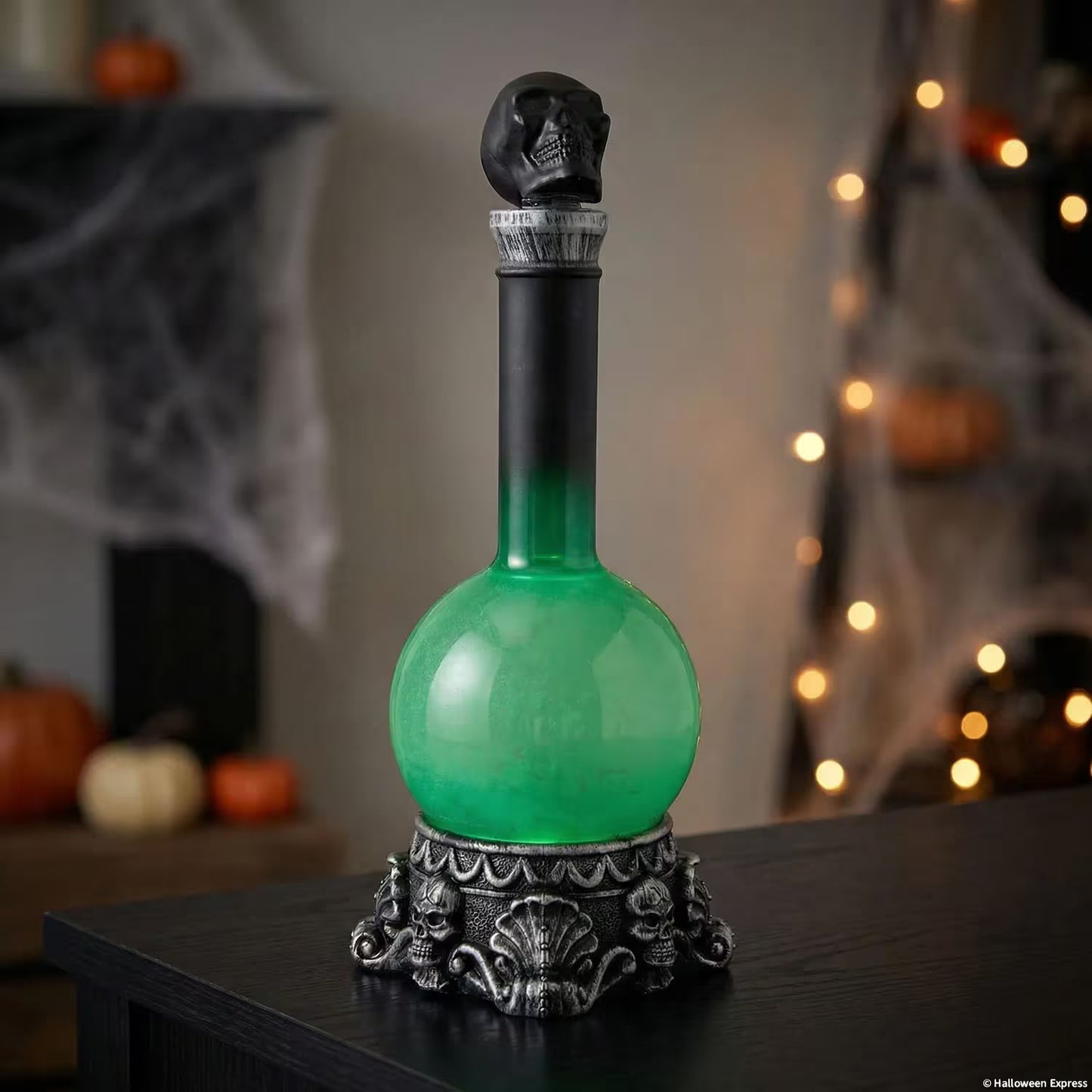 11" Light-Up LED Green Potion Bottle with Skulls Halloween Decoration