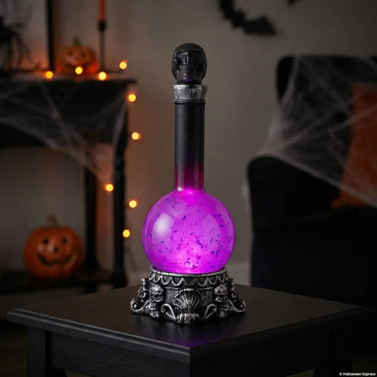 11" Light-Up LED Purple Potion Bottle with Skulls Halloween Decoration