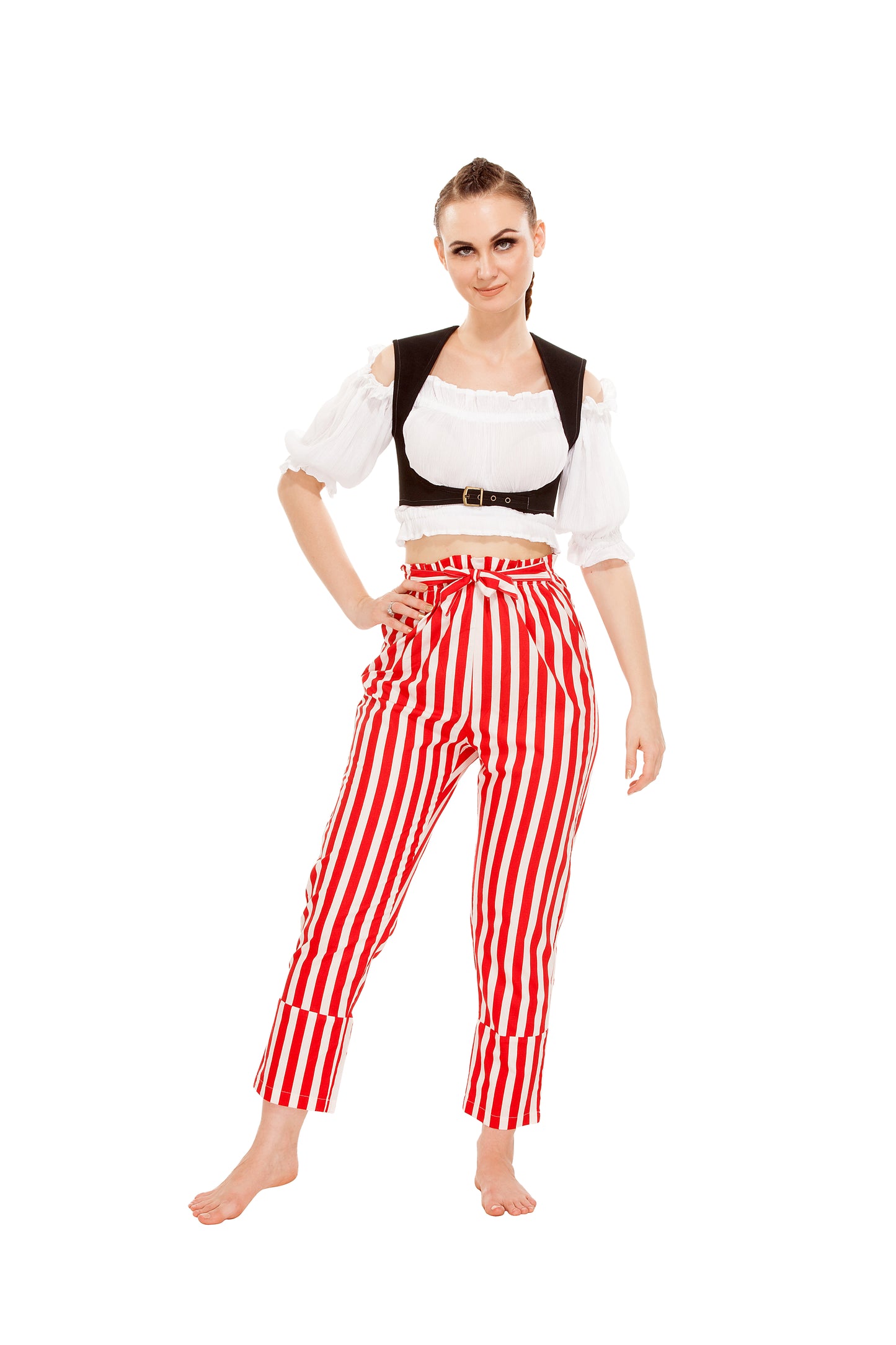 Abigail Self-Tie Frill-Waist Striped Pants