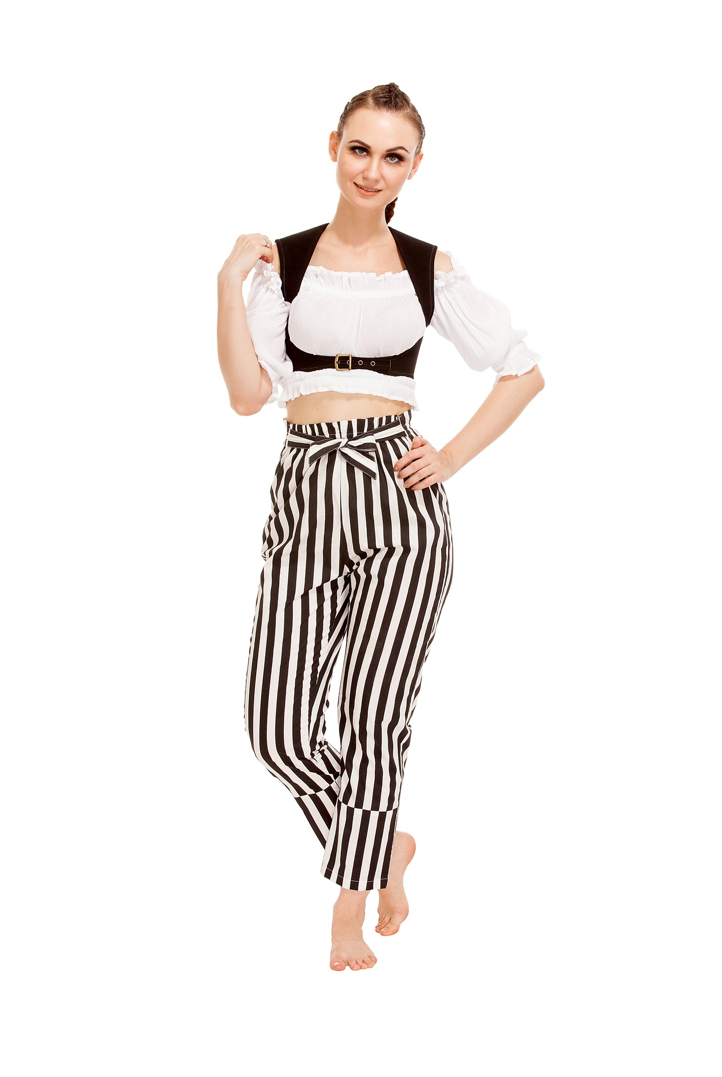 Abigail Self-Tie Frill-Waist Striped Pants