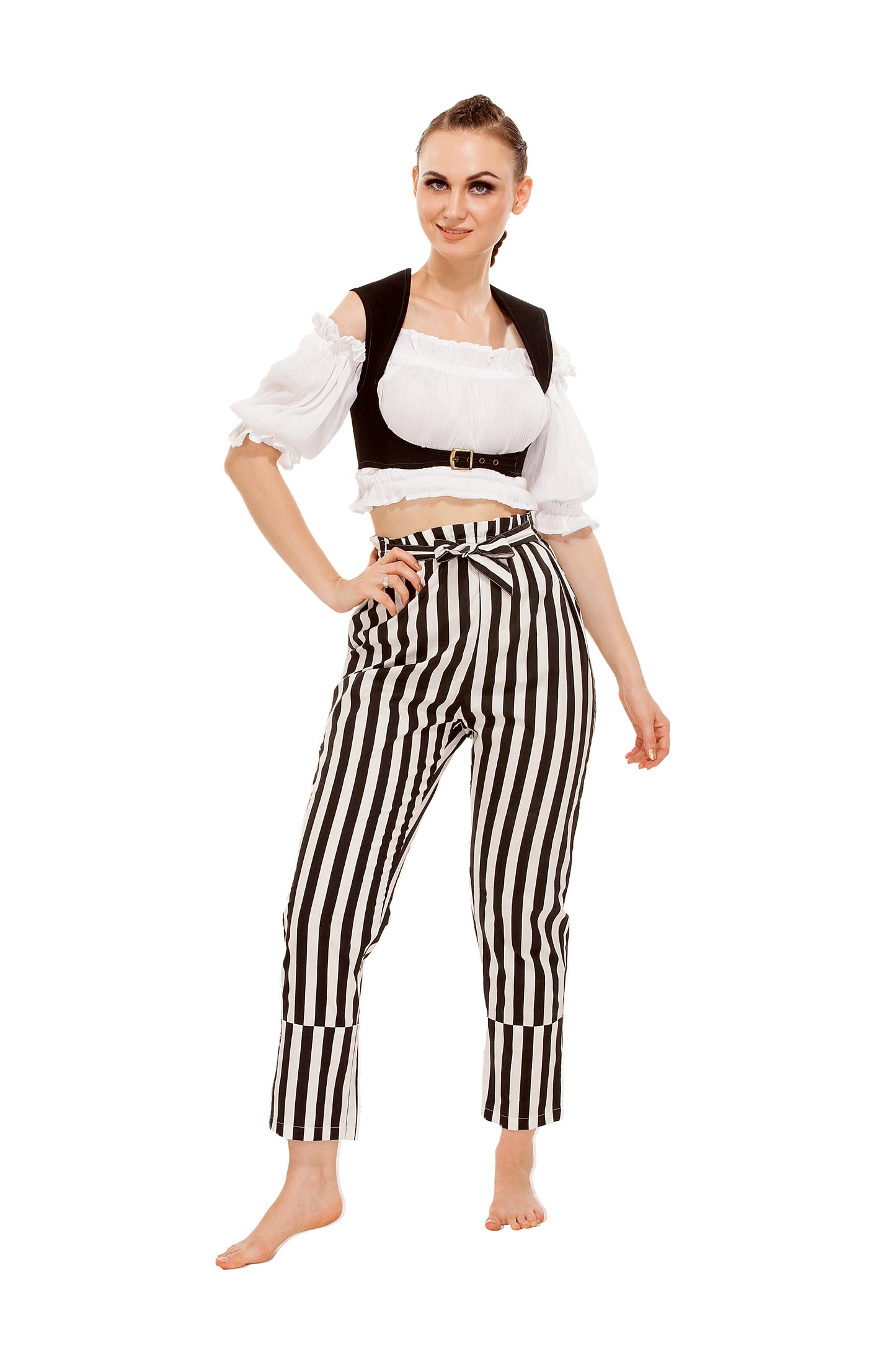 Abigail Self-Tie Frill-Waist Striped Pants