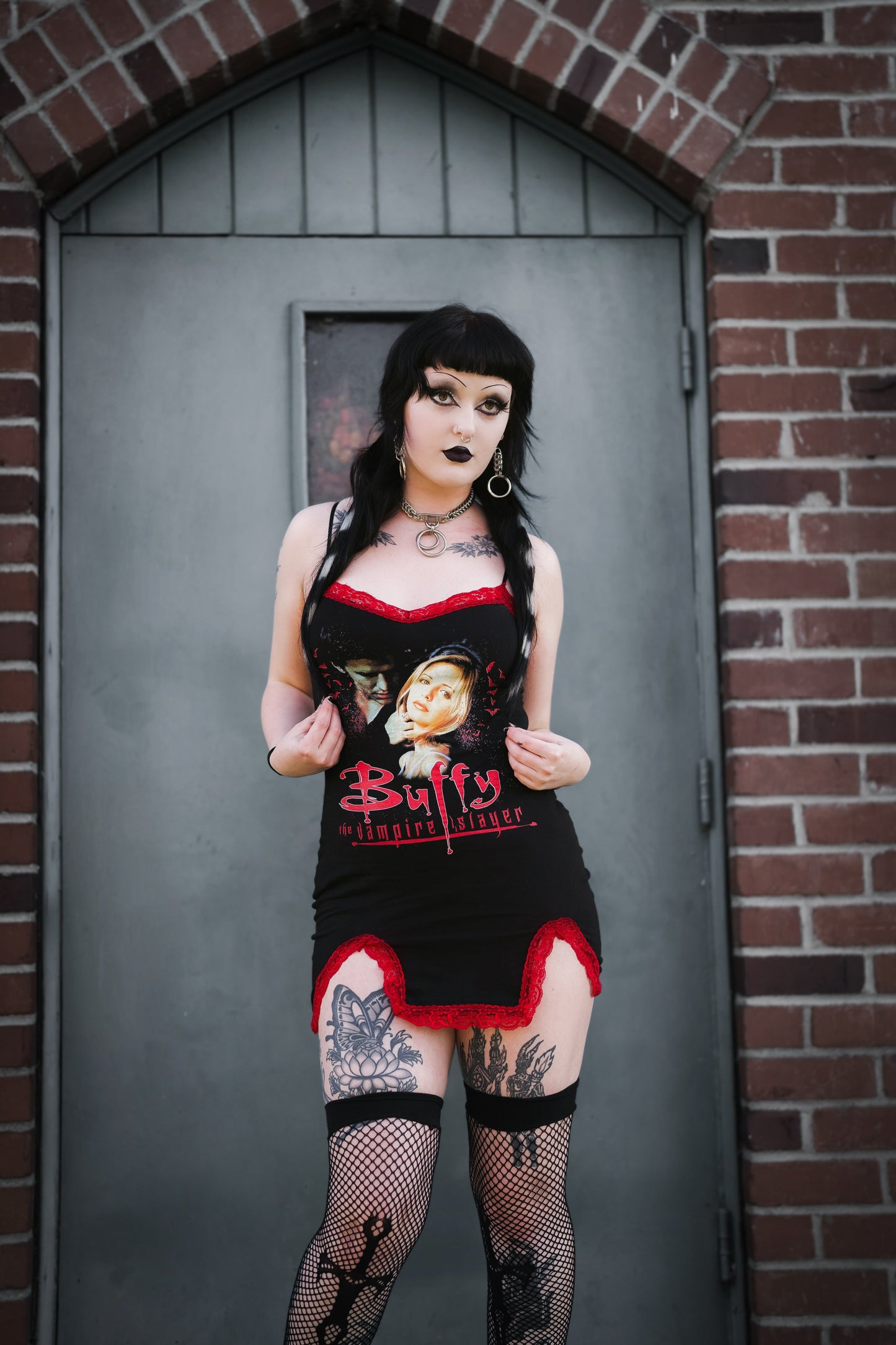Buffy Red Slit Red Lace Dress