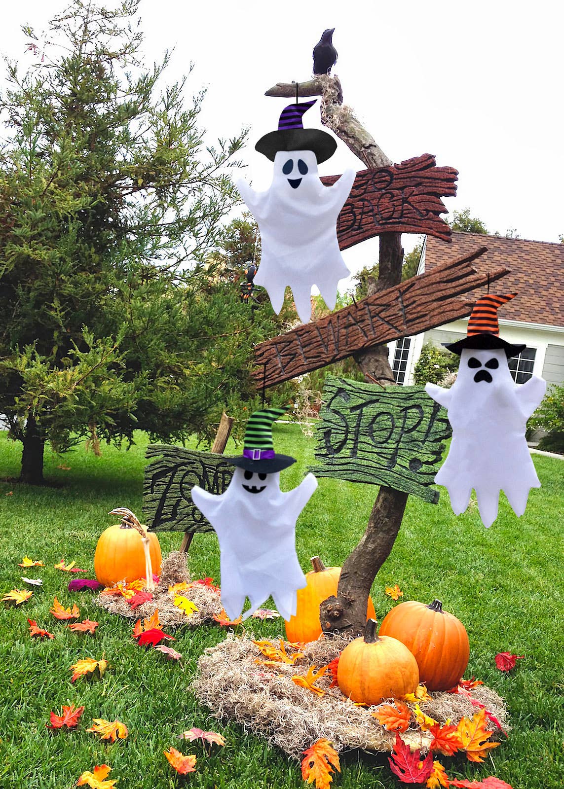 Fun Little Toys - 3 PCs Halloween Hanging Ghost with Witch Hat Outdoor Decor