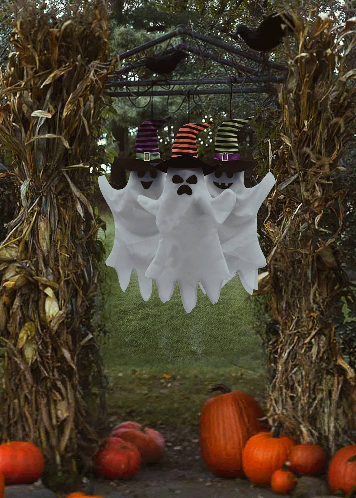 Fun Little Toys - 3 PCs Halloween Hanging Ghost with Witch Hat Outdoor Decor