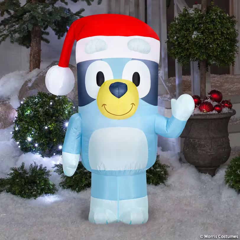 42-inch Airblown Bluey Christmas inflatable wearing a Santa hat with built-in lights
