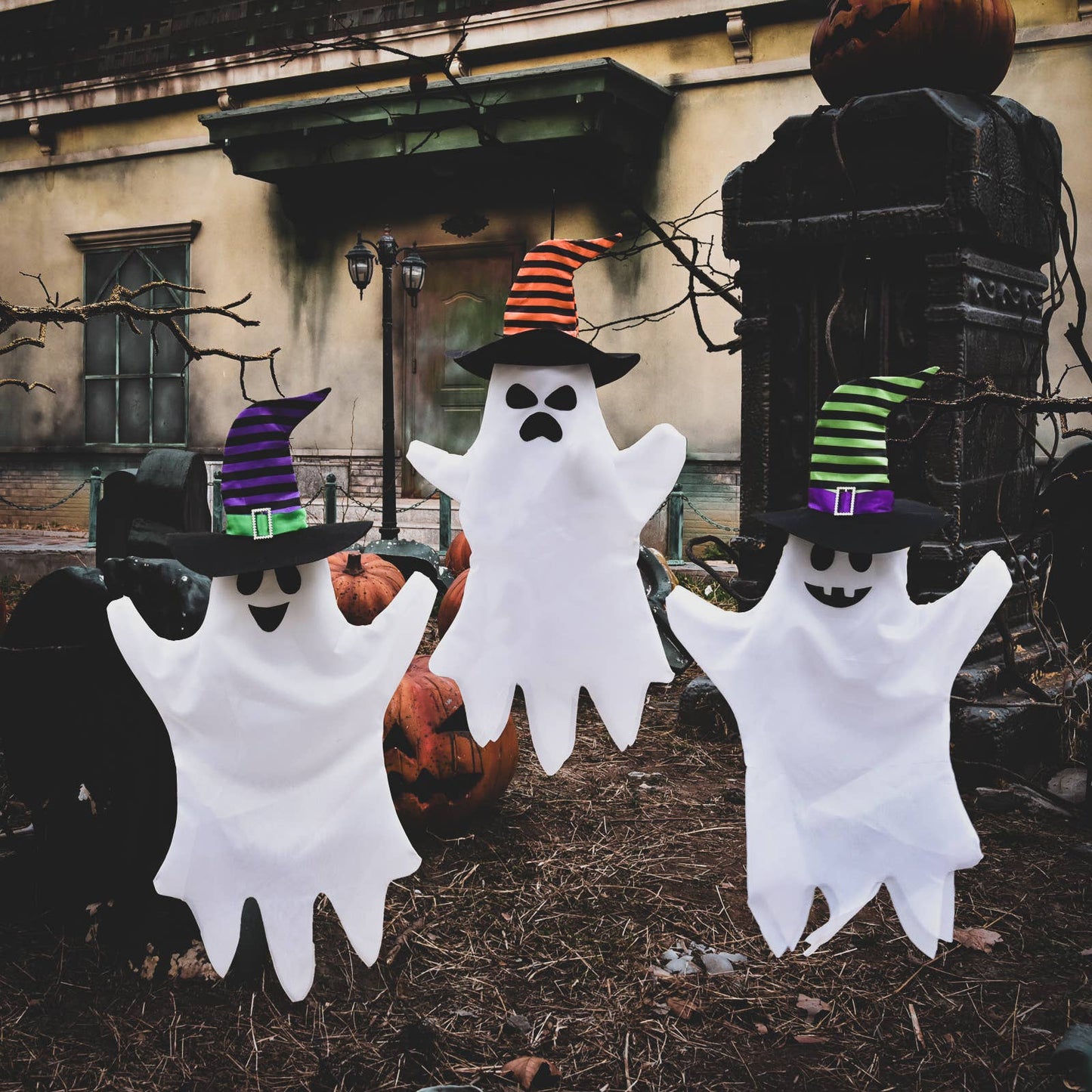 Fun Little Toys - 3 PCs Halloween Hanging Ghost with Witch Hat Outdoor Decor
