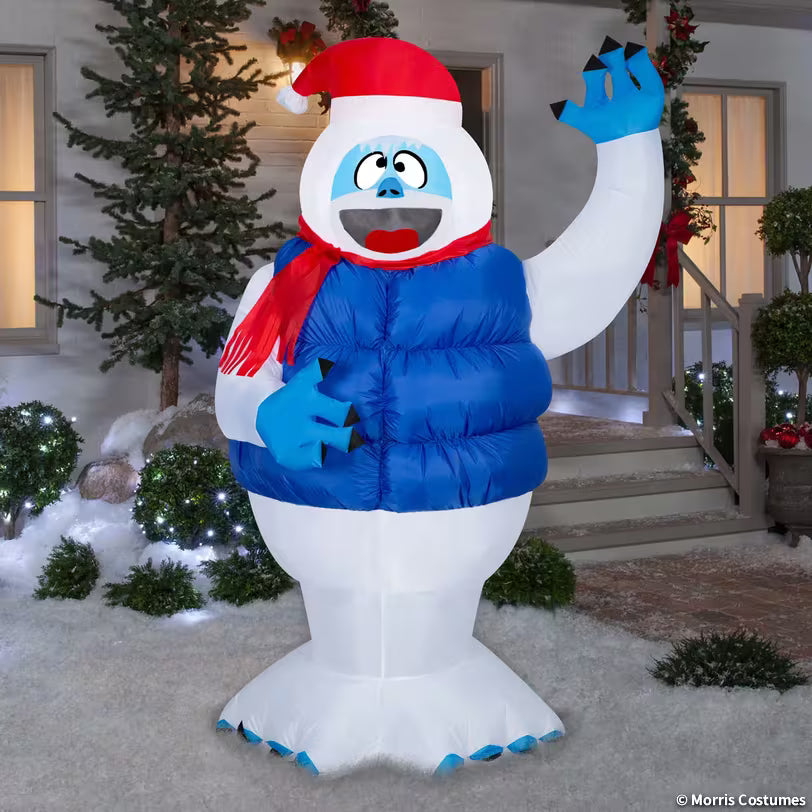6 ft 5 in light-up Rudolph Bumble Christmas inflatable wearing a blue puffer vest, Santa hat, and red scarf