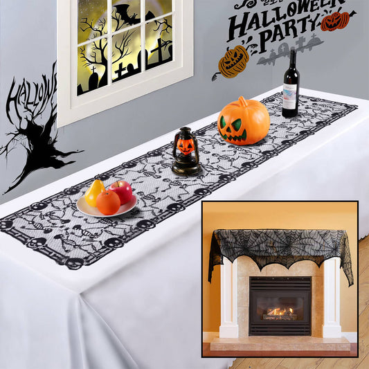 Fun Little Toys - 2 Pack Halloween Black Skull Table Runner Decoration Indoor