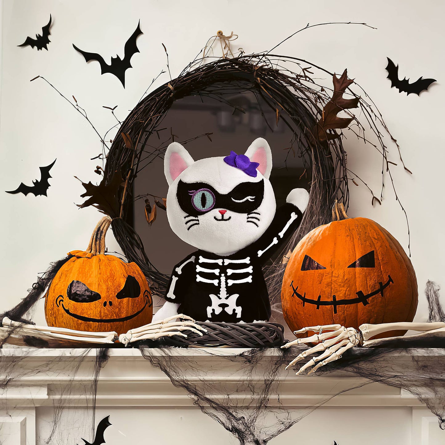 Fun Little Toys - Halloween White Cat Plush Skeleton - 8 Inches