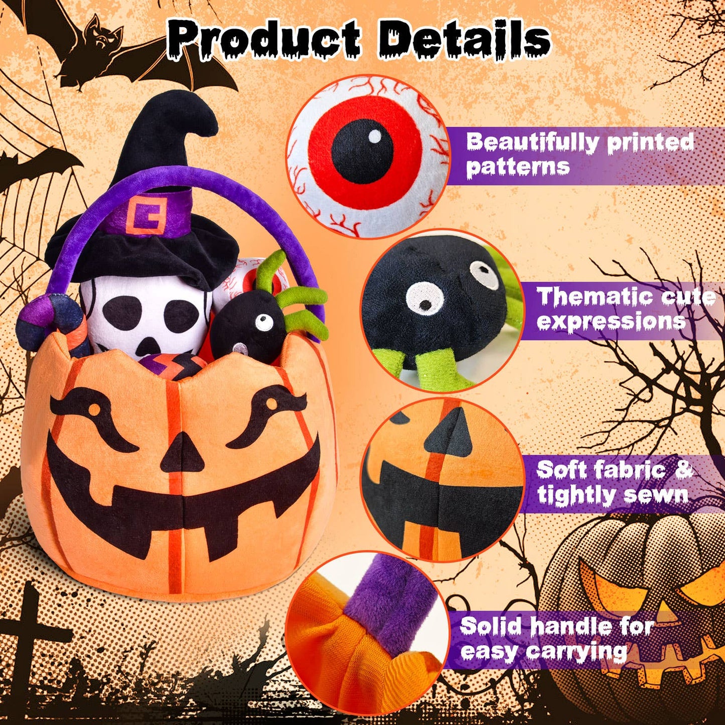 Fun Little Toys - 8 PCS Halloween Plush Toys with Pumpkin Basket
