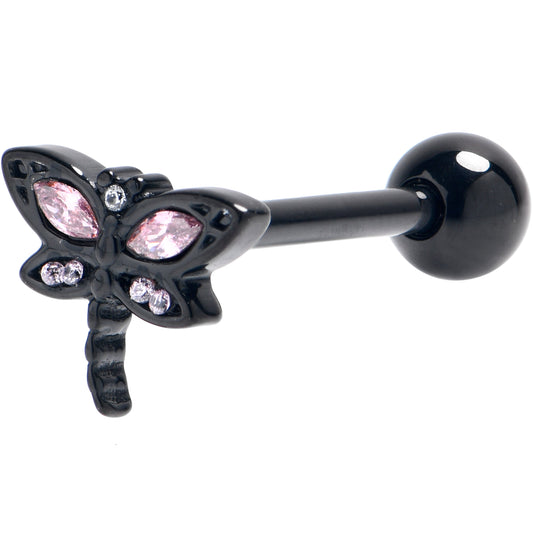 Clear Pink CZ Gem Black Gothic Dragonfly Barbell Tongue Ring
