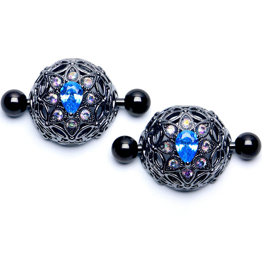 14G 9/16 Blue Aurora Gem Black Night Blossom Nipple Shield Set