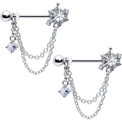 14G 9/16 Clear CZ Gem Spiderweb Chain Dangle Nipple Ring Set