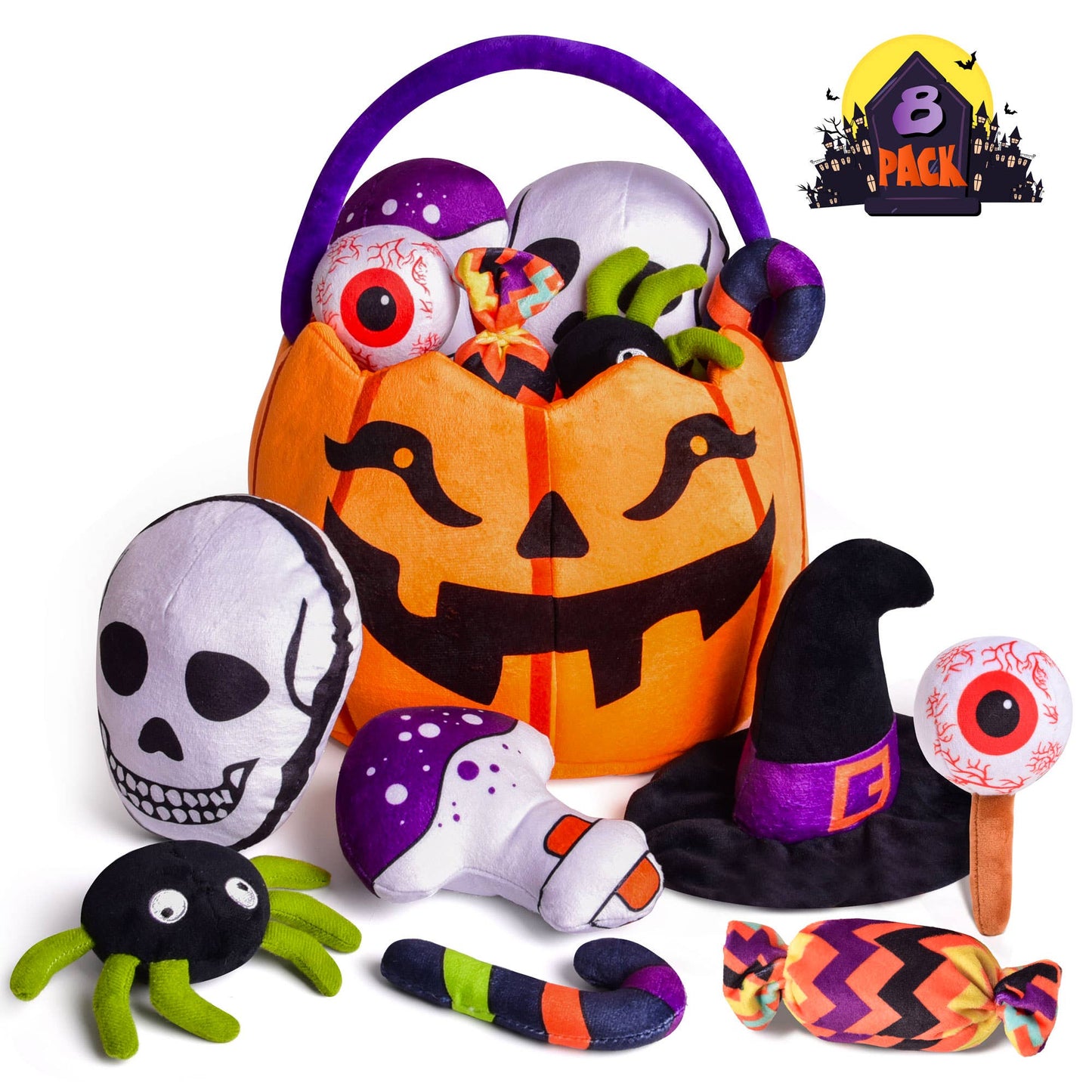 Fun Little Toys - 8 PCS Halloween Plush Toys with Pumpkin Basket - Dr. Hyde's Laboratory