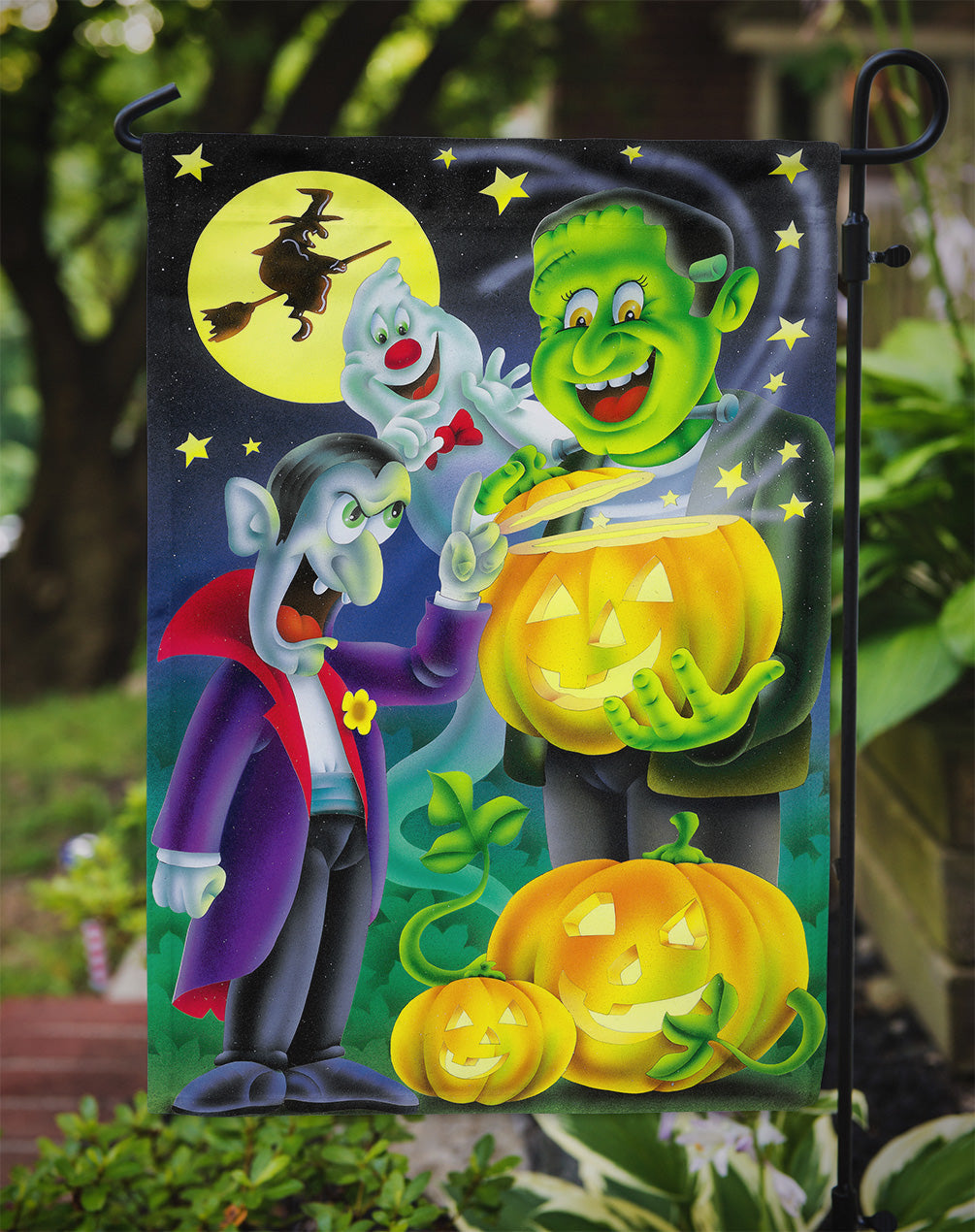 Halloween with Dracula and Frankenstein Garden Flag – Decorative Outdoor Yard Flag APH0935GF