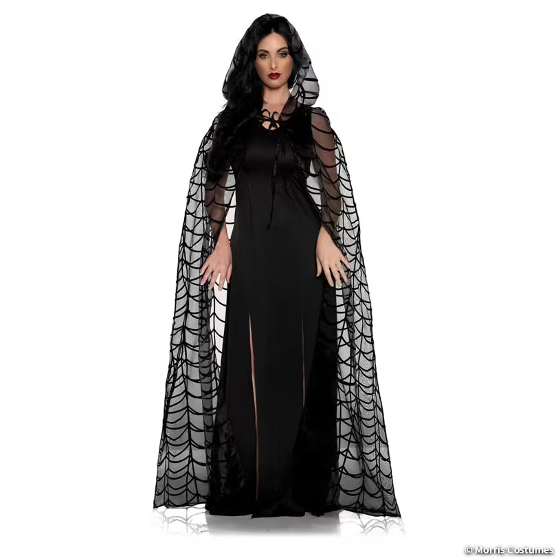 Adults Black Spider Web Hooded Cape - One Size