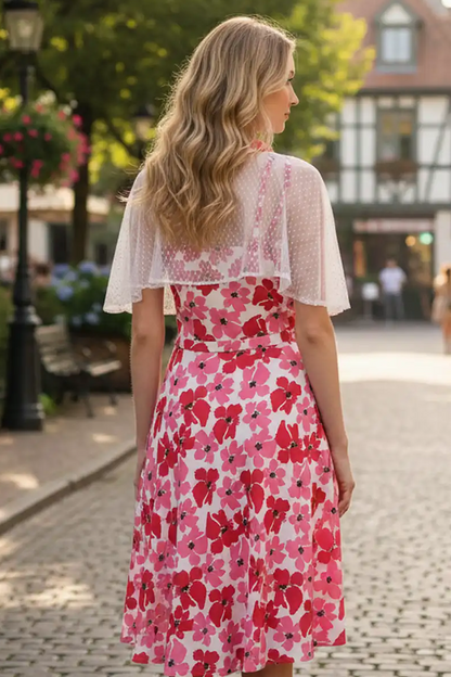 1950s Retro Pinup Swing Dress with Detachable Cape, Belt