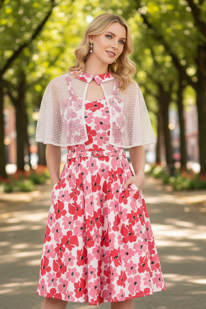 1950s Retro Pinup Swing Dress with Detachable Cape, Belt
