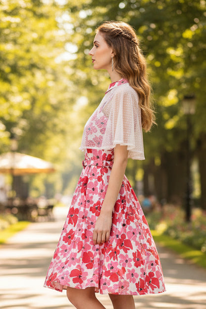 1950s Retro Pinup Swing Dress with Detachable Cape, Belt
