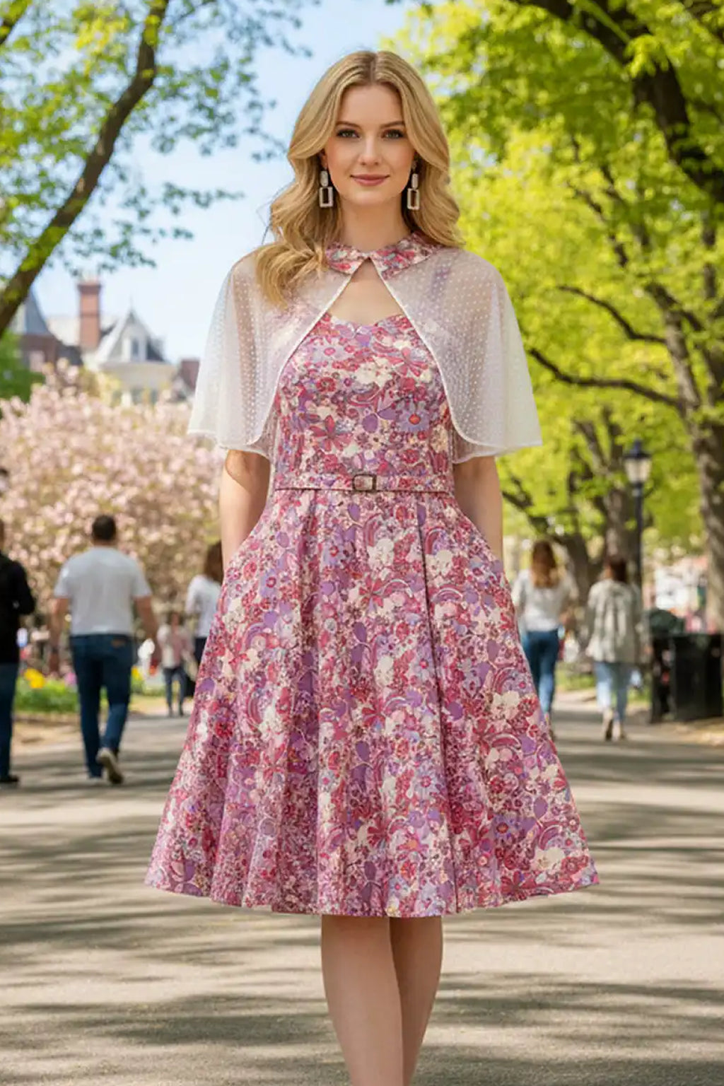 1950s Retro Pinup Swing Dress with Detachable Cape, Belt