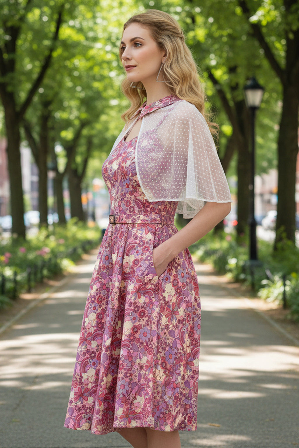 1950s Retro Pinup Swing Dress with Detachable Cape, Belt