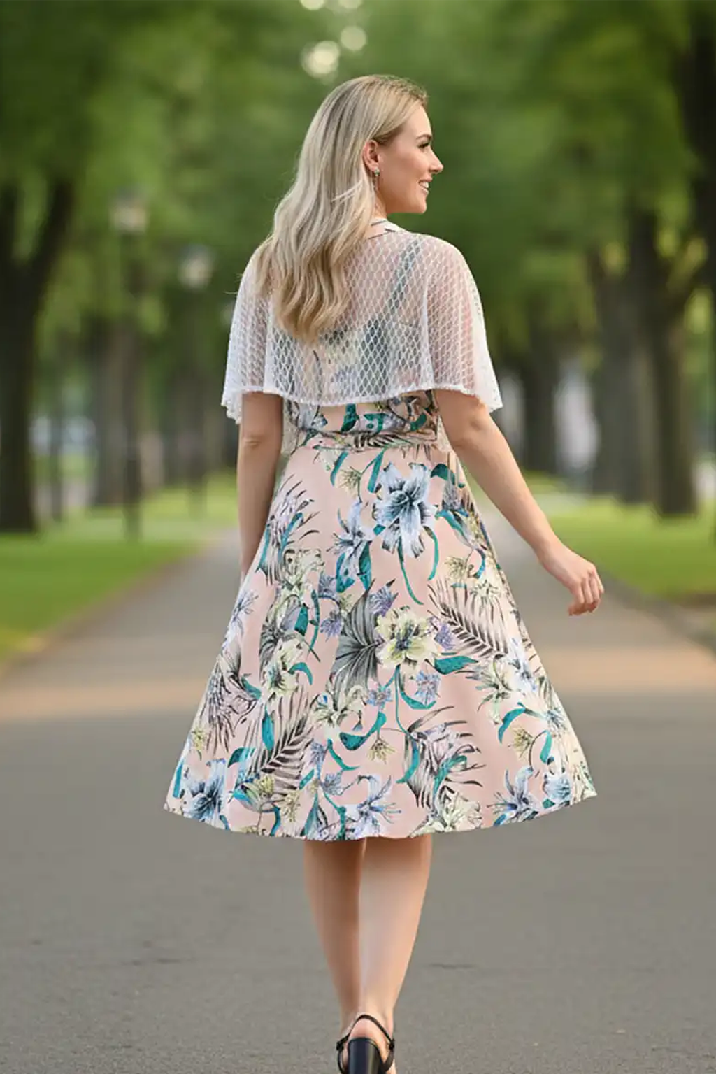 1950s Retro Pinup Swing Dress with Detachable Cape, Belt