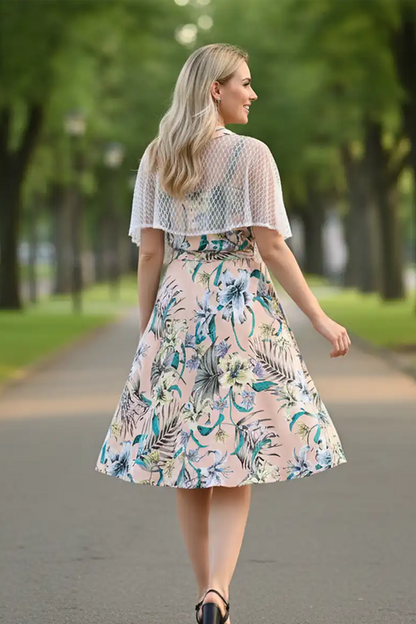 1950s Retro Pinup Swing Dress with Detachable Cape, Belt