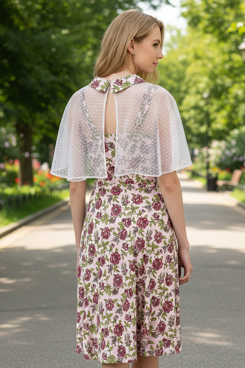 1950s Retro Pinup Swing Dress with Detachable Cape, Belt