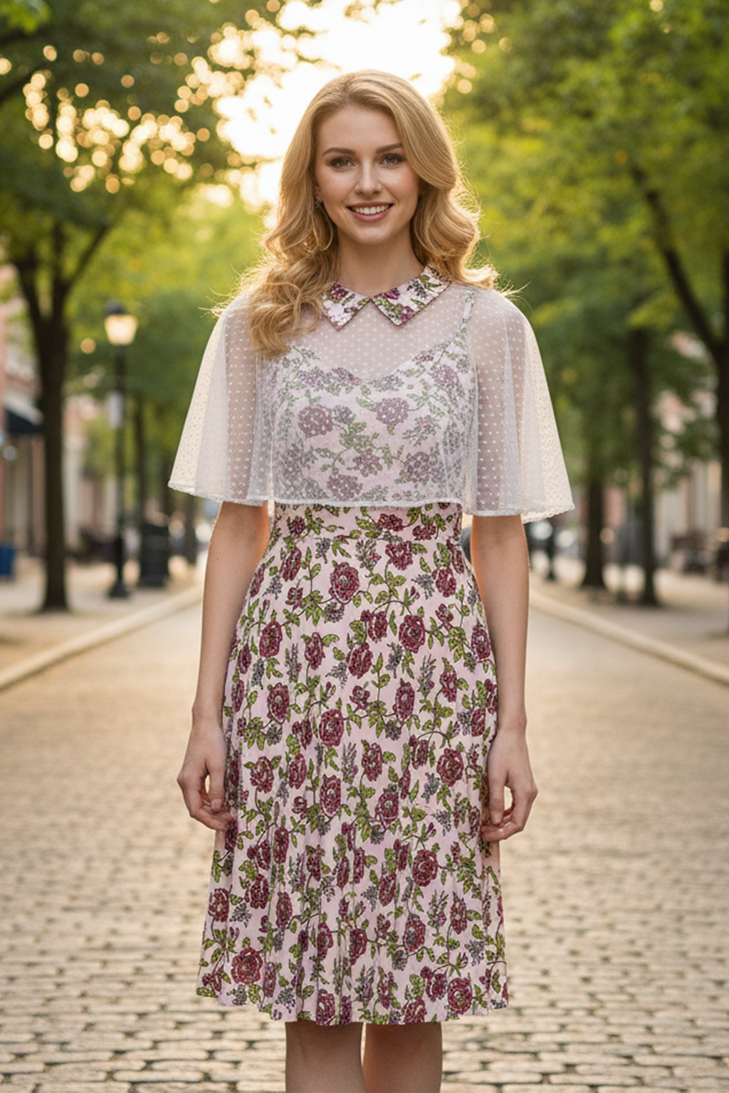 1950s Retro Pinup Swing Dress with Detachable Cape, Belt