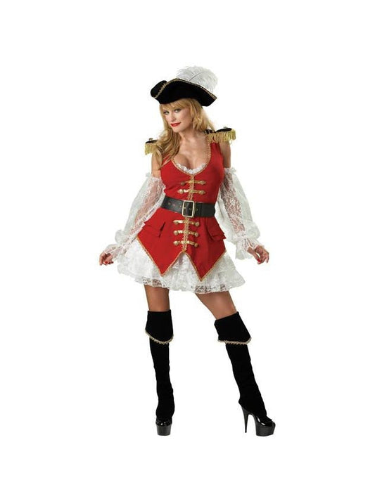 A woman modeling a pirate costume against a plain white background. The costume includes a red vest with gold trim, a black belt, white lace sleeves, a black-and-white tricorn hat, and black thigh-high boots.