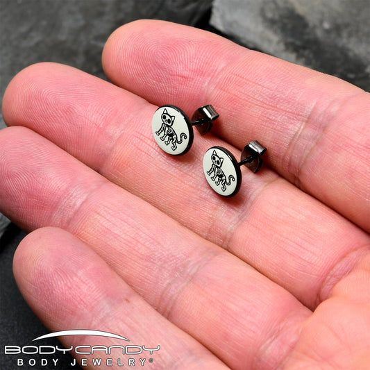 Black Anodized Skeleton Kitty Cat Glow in the Dark Stud Earrings by Onyx O