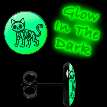 Black Anodized Skeleton Kitty Cat Glow in the Dark Stud Earrings by Onyx O