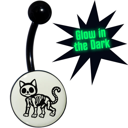Black Anodized Glow in the Dark Skeleton Kitty Cat Belly Ring by Onyx O