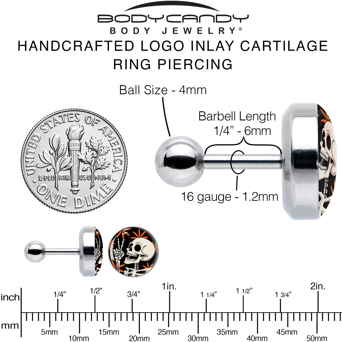 16G 1/4 Peace Sign Skeleton Tragus Cartilage Earring by Onyx O