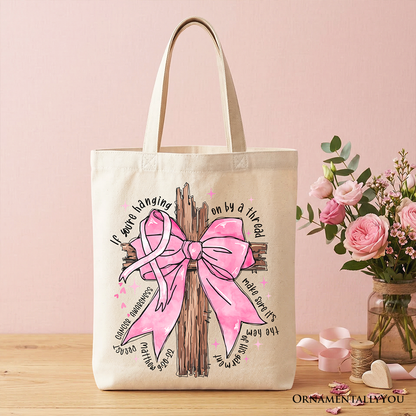 Breast Cancer Pink Bow Cross Tote Bag, Awareness Faith Christian Gift Shopper
