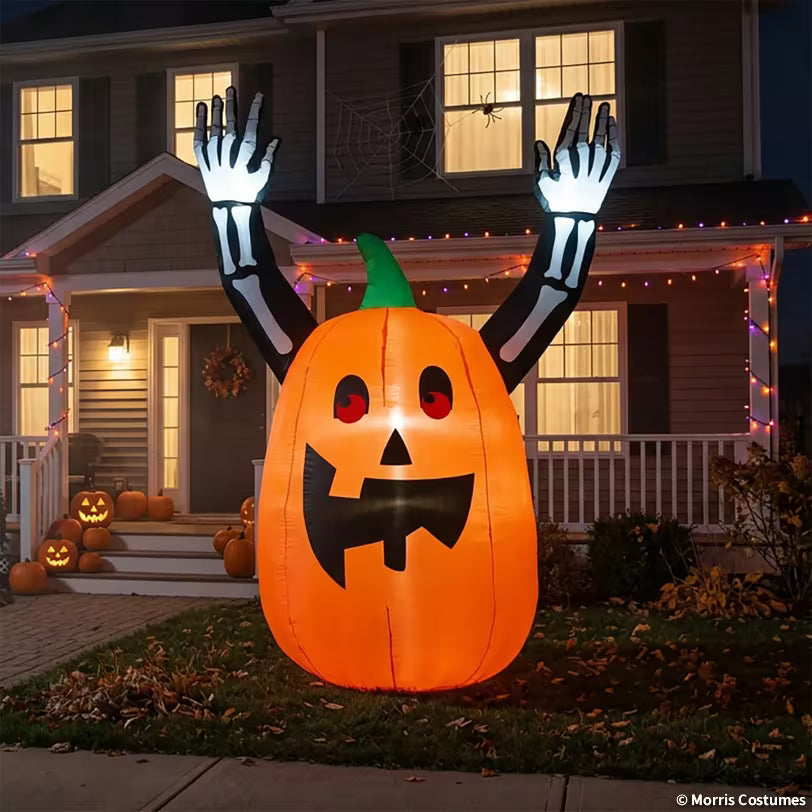 Inflatable Light-Up Pumpkin with Skeleton Arms Halloween Outdoor Decoration - 7 ft