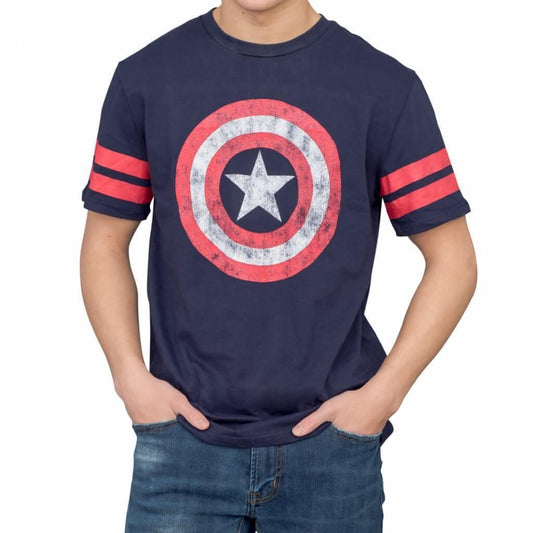 Captain America Distressed Shield Striped Sleeves Junors/Women's T-shirt