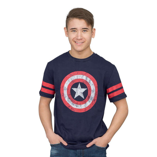 Captain America Distressed Shield Striped Sleeves Junors/Women's T-shirt
