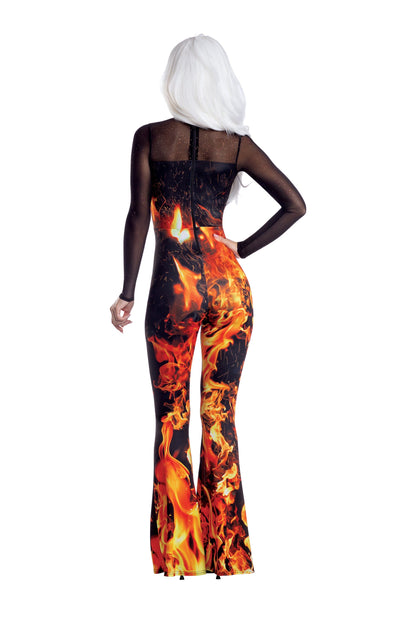 Dreamgirl Flame Jumpsuit with Mesh Neckline Women’s Costume – Fiery Halloween Outfit