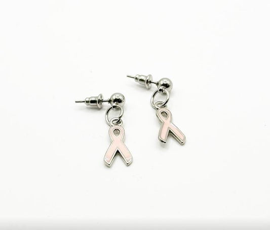 Silver-tone Light Pink Ribbon Earrings, Awareness Gifts, Breast Cancer, Survivor Gifts