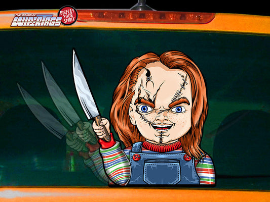 Killer Doll with a Knife WiperTag window decal, redhead doll design, product photo 1 of 4