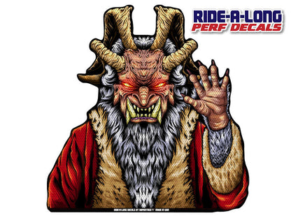 Krampus Claus Ride-A-Long perforated window decal applied to vehicle window, product photo 2 of 2