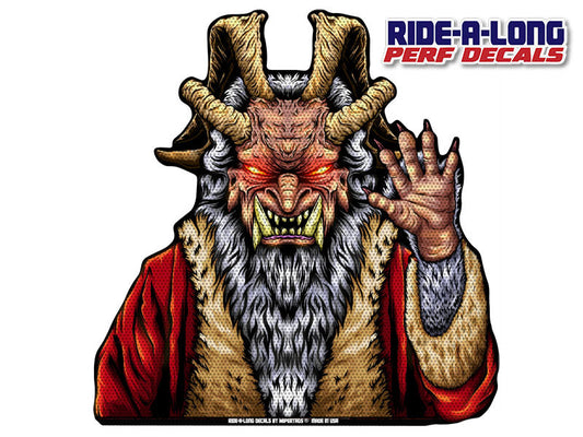 Krampus Claus Ride-A-Long perforated window decal applied to vehicle window, product photo 2 of 2