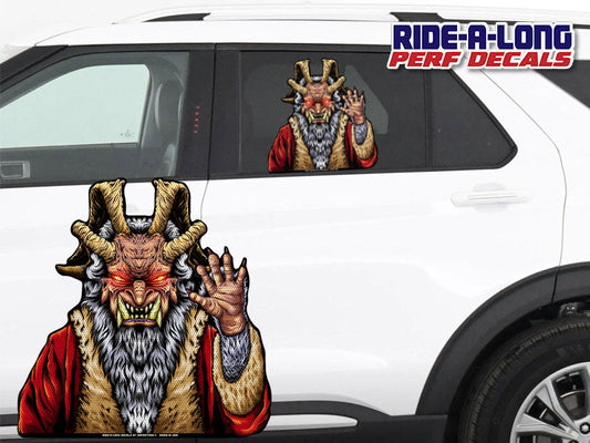Krampus Claus Ride-A-Long perforated window decal, product photo 1 of 2