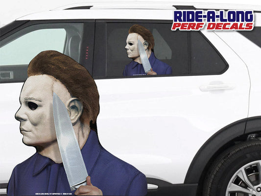 Michael Killer in Mask Ride-A-Long perforated window decal, product photo 1 of 2