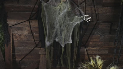 7 Ft. 10" Animated Light-Up Hanging Talking Skeleton Stuck on Spider Web Halloween Decoration